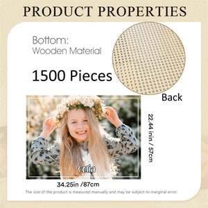 May include: A 1500 piece wooden jigsaw puzzle featuring a young girl wearing a flower crown. The puzzle measures 34.25 inches by 87 centimeters and has a back that measures 22.44 inches by 57 centimeters.