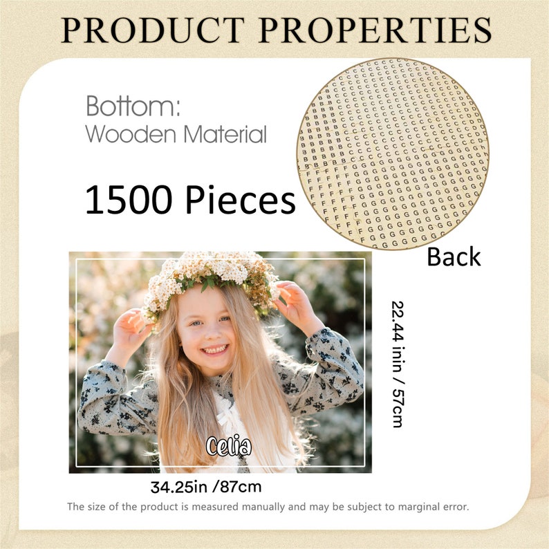 May include: A 1500 piece wooden jigsaw puzzle featuring a young girl wearing a flower crown. The puzzle measures 34.25 inches by 87 centimeters and has a back that measures 22.44 inches by 57 centimeters.