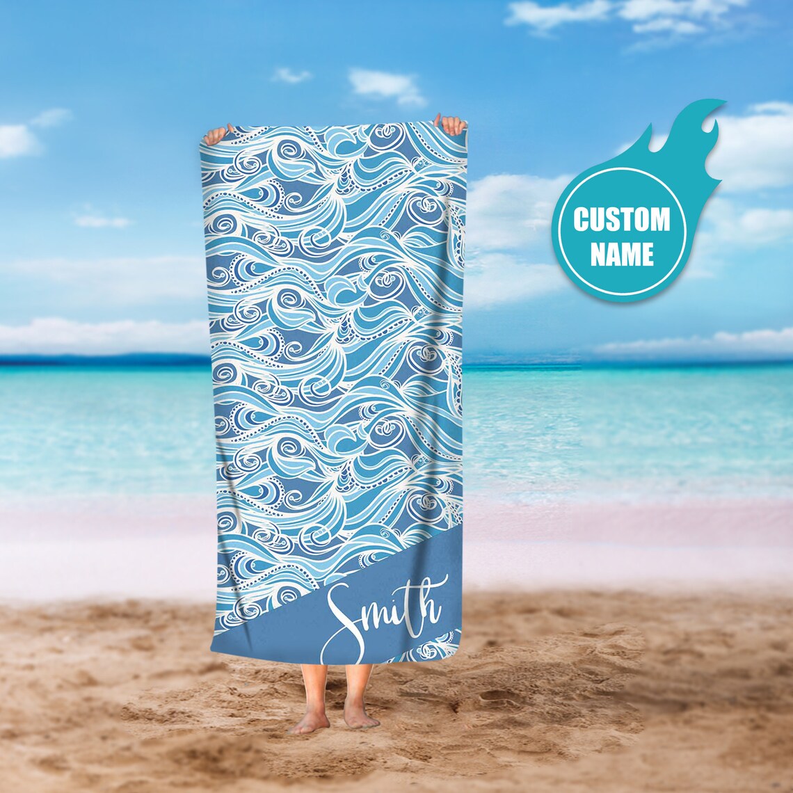 Personalized Waves Pattern Beach Towel Custom Text Beach Towel Etsy