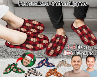 May include: Personalized cotton slippers with a red and black plaid pattern, featuring multiple faces. The image shows various designs, including a Christmas-themed pair. Text on the image reads "1-5 Faces" and "10+ Designs".