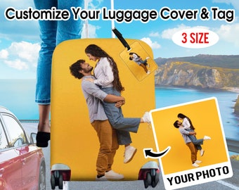 Custom Photo Luggage Cover & Tag, Personalize Pet Photo Logo Suitcase Covers, Customized Luggage Wrap Suitcase Protector, honeymoon gifts