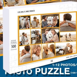 May include: A 500-piece jigsaw puzzle featuring 12 photos of a couple with a white dog. The puzzle is made of high-quality wood and measures 520 x 380 mm. The puzzle box has a blue background with the text "Photo Puzzle (100-1500PCS)" printed on it.