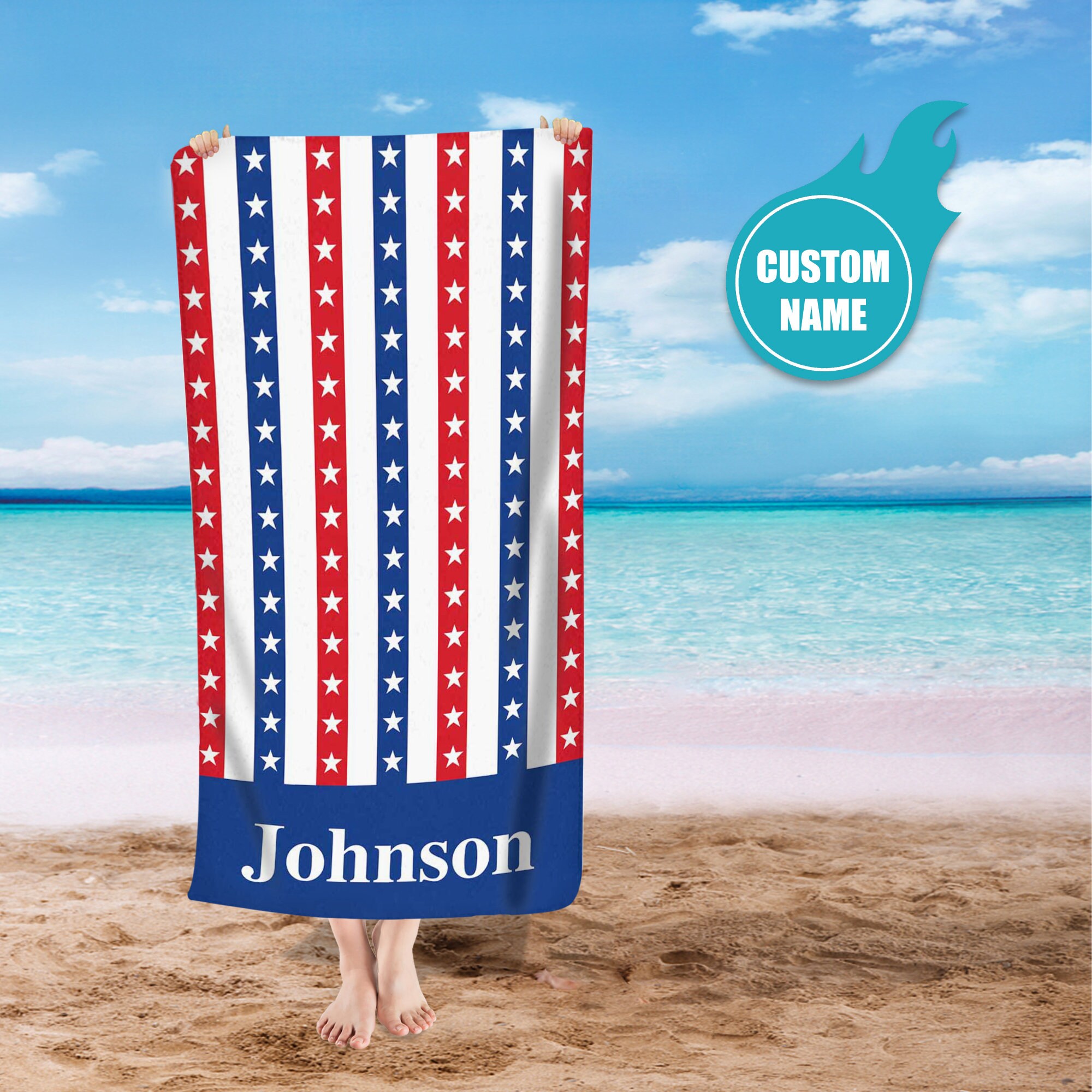 USA Flag Towel Personalized Name Bath Towel Custom Beach Towel Etsy