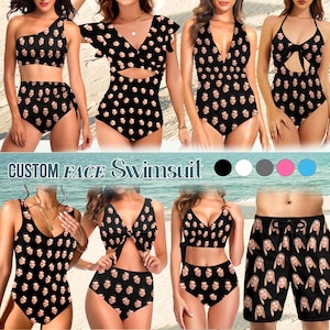 May include: A collection of black swimsuits and swim trunks, each covered in a repeating pattern of faces. The swimsuits include one-piece, two-piece, and halter styles. The text "CUSTOM FACE Swimsuit" is displayed across the image.