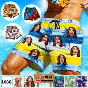 May include: A pair of colorful swim trunks with a pattern of faces and palm trees. The text "1-8 Faces 70+ Patterns" is on a wooden sign below the image.