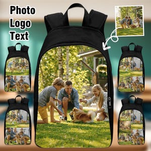 May include: A black backpack featuring a large, customizable photo print on the front panel. The image displays a family playing with a dog on a grassy lawn. The backpack includes a top handle, adjustable shoulder straps, and a side zipper.