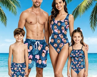 Custom Face Family Swimsuit: Personalized Photo Swim Trunks & One-Piece