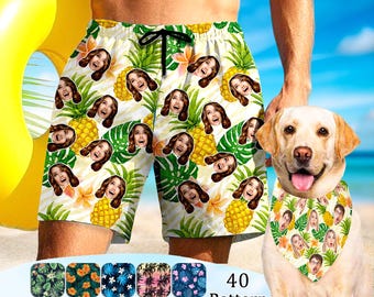 Custom Face Hawaiian Swim Trunks: Personalized Men's Bathing Suit & Dog Bandana