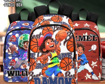 May include: Three colorful backpacks with sports-themed designs. One features a football player, another a basketball player, and the third a baseball player. Text on the backpacks includes names and the phrase "Back to School Gifts."