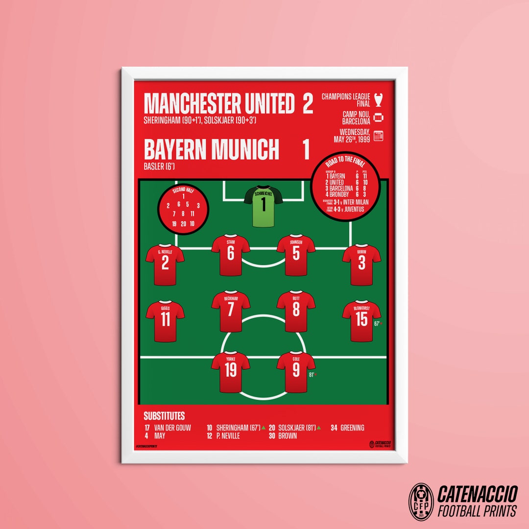 MANCHESTER UNITED vs Bayern Monaco 1999 Champions League Final Match Lineup Stampa Etsy Italia