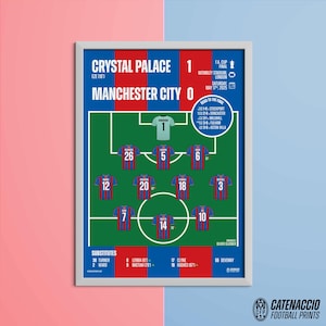 Può includere: Una stampa incorniciata di una partita di calcio tra Crystal Palace e Manchester City, con il punteggio di 1-0. Il poster include le formazioni delle squadre, la data e il luogo della finale di FA Cup allo stadio di Wembley, Londra, 17 maggio 2025.