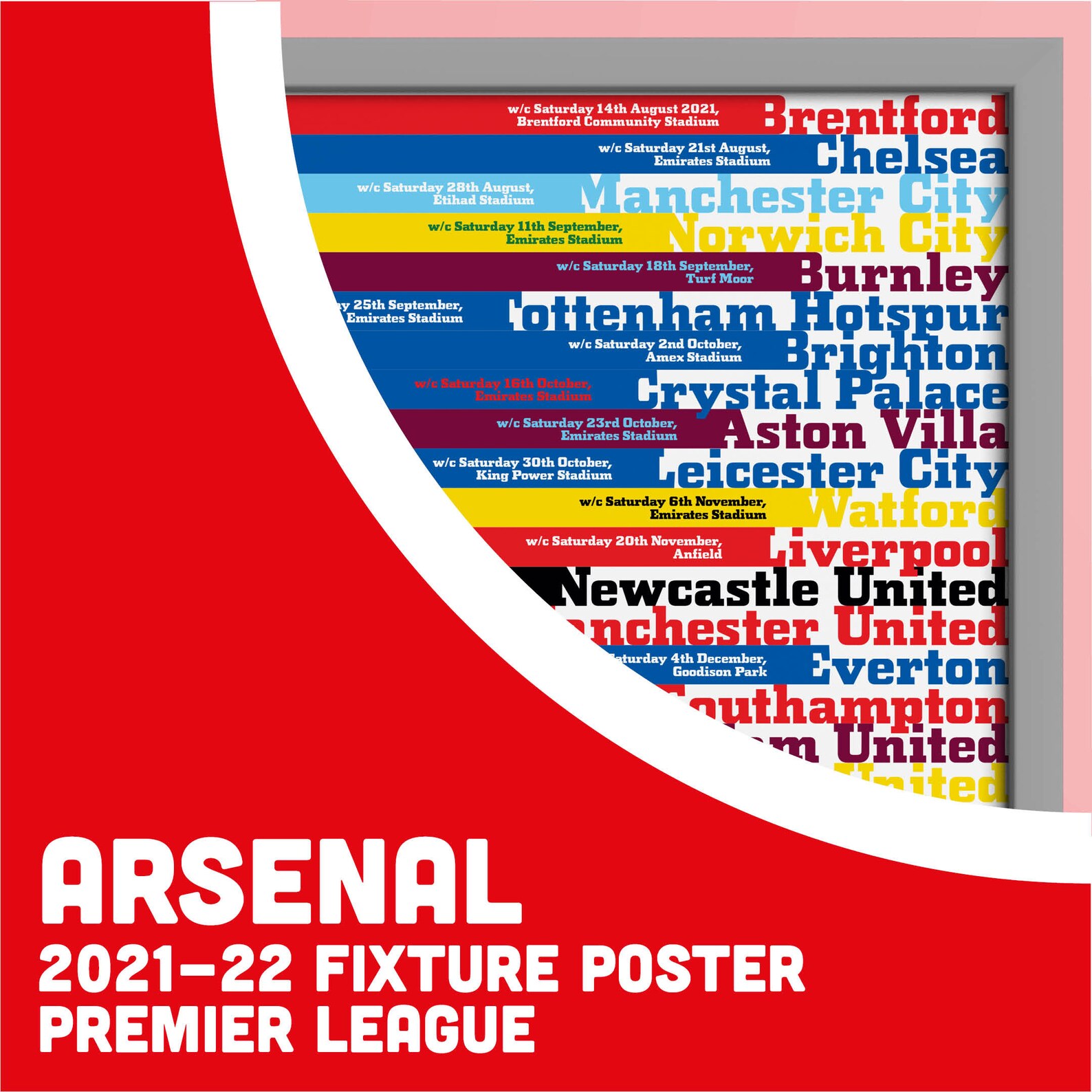 Arsenal Fixture Poster 2021/22 | Etsy