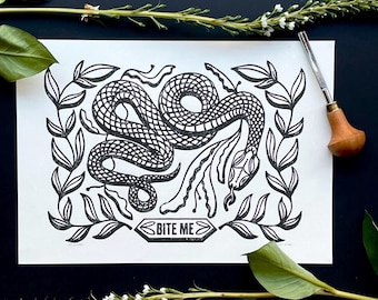 Linoprint van een slang | A4 Bijt me