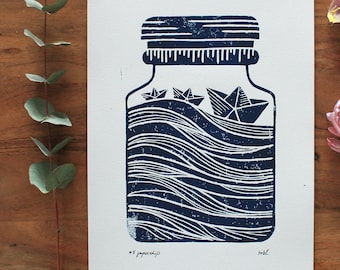 Papierschiff Linoldruck | Papership Linoprint