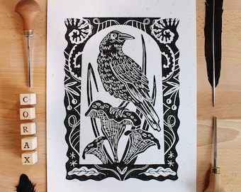 Rabe Linoldruck | Raven Linoprint A4 | Krähe