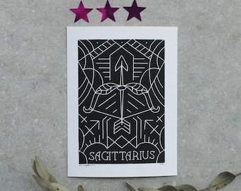 Sternzeichen Schütze Linoldruck | Zodiac Sign Sagittarius Linoprint | Mini-Print