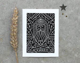 Sternzeichen Wassermann Linoldruck | Zodiac Sign Aquarius Linoprint | Mini-Print