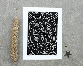 Sternzeichen Fische Linoldruck | Zodiac Sign Pisces Linoprint | Mini-Print