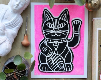 Winkekatze Linoldruck | Lucky Cat Linoprint