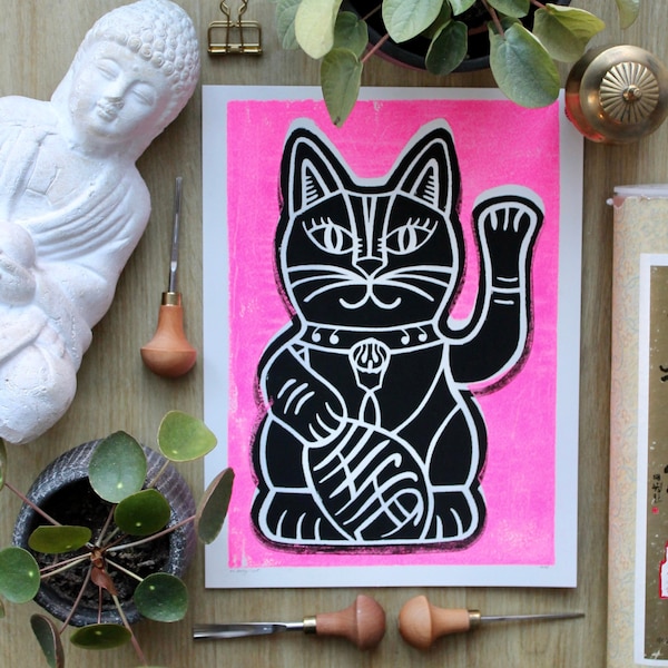 Winkekatze Linoldruck | Lucky Cat Linoprint