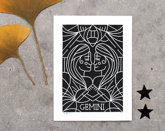 Sternzeichen Zwillinge Linoldruck | Zodiac Sign Gemini Linoprint | Mini-Print