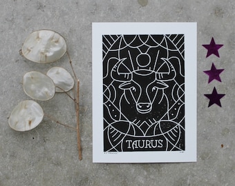 Sternzeichen Stier Linoldruck | Zodiac Sign Taurus Linoprint | Mini-Print