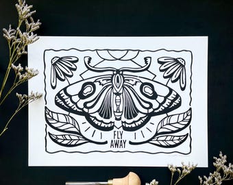 Motte Linoldruck | Moth Linoprint A4 | Nature