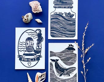 Conjunto de postais Marítimo | Baleia | Marinheiro | Navio | Papel 100% reciclado