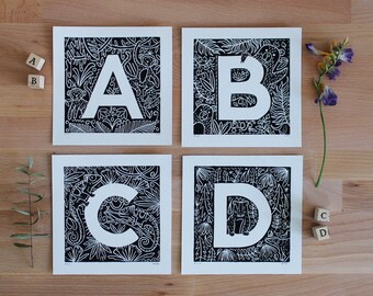 A - Z Buchstaben mit Tieren Linoldruck | A - Z Letters with Animals Linoprint