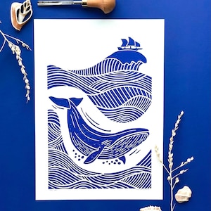 Whale lino print | Whale Linoprint | The Sea / Maritime