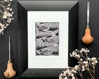Gerahmter Fisch Linoldruck | Framed Fish linoleum print