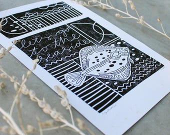 Meer Linoldruck mit Scholle | Seaside Linoprint with plaice A5