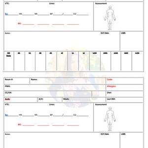 Könnte beinhalten: Ein leeres medizinisches Formular mit Abschnitten für Patienteninformationen, Vitalwerte, Medikamente, Allergien und Beurteilungen. Das Formular enthält eine Körperumrisszeichnung zur Erfassung körperlicher Befunde. Das Formular enthält auch ein Raster zur Verfolgung von Vitalwerten und Medikamenten im Zeitverlauf.