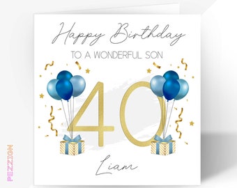 Personalised 40th Birthday Card | Blue Gold Greetings Card for Him or Her | Brother, Son, Godson, Sister, Dad, Grandson, Friend, in-laws