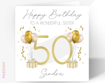 Personalised 50th Birthday Card | Gold Champagne Greetings Card for Him or Her | Brother, Husband, Wife, Sister, Dad, Mum, Friend, Grandma