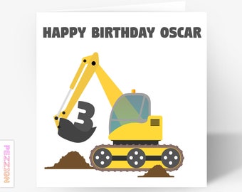 Personalised Digger Birthday Card For Boy, Son, Grandson, Brother, Nephew, Kids, Children, Any Age, Any Name, 2nd, 3rd, 4th, 5th