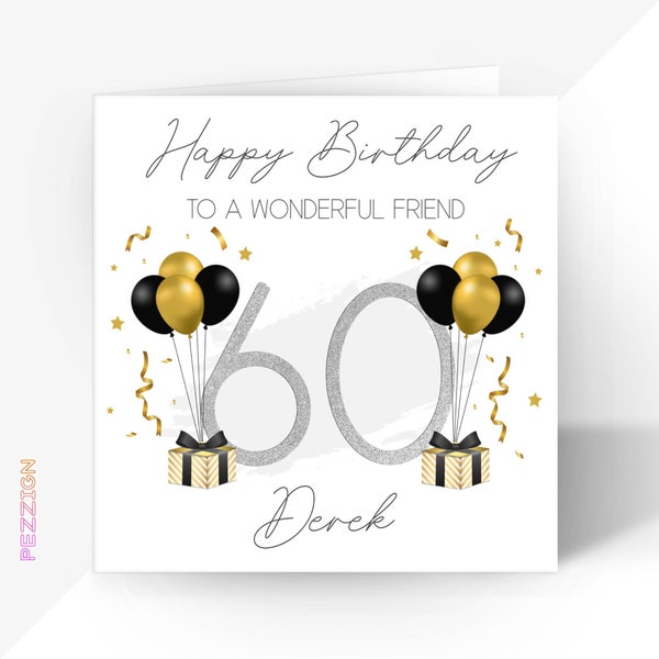 Personalised 60th Birthday Card | Black Gold Greetings Card for Him or Her | Brother, Husband, Wife, Sister, Dad, Mum, Friend