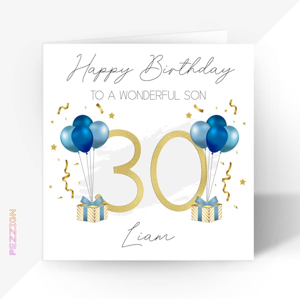 Personalised 30th Birthday Card | Blue Gold Greetings Card for Him or Her | Brother, Son, Godson, Sister, Grandson, Friend, Boyfriend