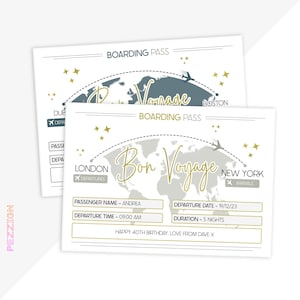 Bilhete de embarque personalizado, viagem surpresa de férias, voucher de passe de aniversário de viagem, ideia exclusiva de revelação de cartão-presente, passagem de avião