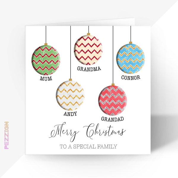 Personalised Bauble Christmas Card - Custom Family Names, Unique Xmas Keepsake Gift - For Mum and Dad, Grandma, Grandad, Neighbours, Couples