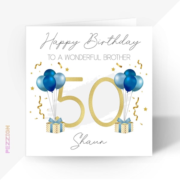 Carte d'anniversaire personnalisée 50 ans | Carte de voeux or bleu pour lui ou elle | Frère, mari, épouse, sœur, papa, maman, oncle, ami, beaux-parents