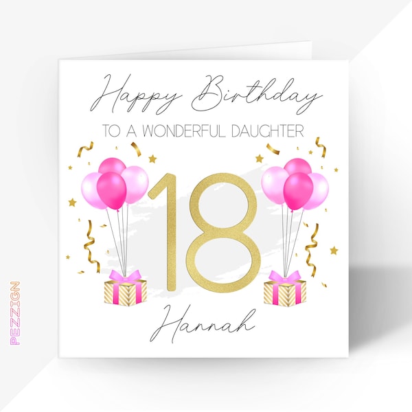 Personalised 18th Birthday Card - For Her, Daughter, Granddaughter, Niece, Goddaughter, Sister - Customised Girls 18th Gift -  Pink And Gold