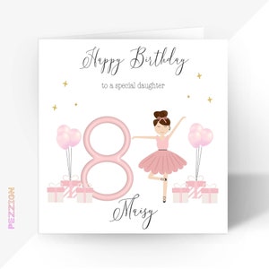 Gepersonaliseerde ballerina meisjes verjaardagskaart voor 6e, 7e, 8e, 9e, 10e verjaardag - dochter kleindochter nicht peetdochter