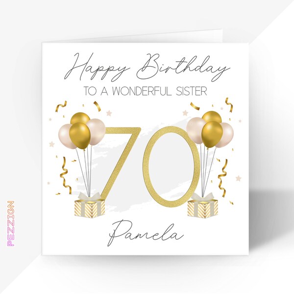 Personalised 70th Birthday Card | Champagne & Gold Greetings Card for Her or Him | Grandma, Mum, Dad, Sister, Friend, Wife, Cousin, In-Law