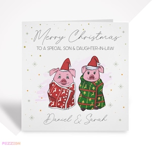 Weihnachtskarte für Paare, Sohn, Schwiegertochter, Mama & Papa, Freunde - Personalisierte lustige Schweine in Decken Weihnachtskarte