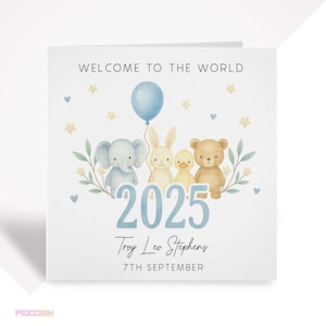 Carte personnalisée pour nouveau-né garçon - Bienvenue dans le monde - cadeau bébé bleu souvenir pour fils, petit-fils, neveu ou filleul