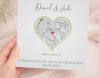Tarjeta de compromiso personalizada con mapa / Tarjeta con mapa de ubicación personalizado / Ella dijo que sí / Idea única para un regalo de compromiso / Tarjeta de felicitación