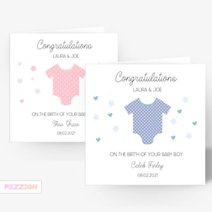 Novo cartão de bebê personalizado, cartão de bebê menino, cartão de bebê menina, azul, rosa, parabéns, novos pais, lembrança