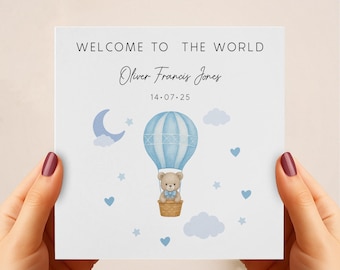 Congratulations New Baby Boy, Personalised New Baby Boy Card, Welcome To The World Card, Bear Baby Card Personalised, Baby Shower Gift