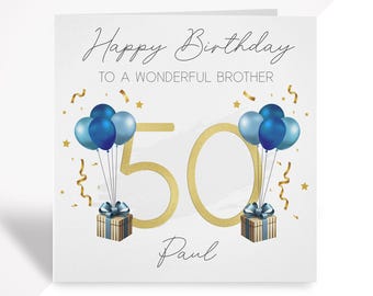 Personalisierte 50. Geburtstagskarte | Blau Gold Grußkarte für Sie und Ihn | Bruder, Mann, Frau, Schwester, Papa, Mutter, Onkel, Freund, Schwiegereltern